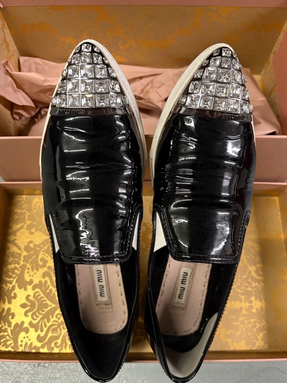 Miu Miu Black Patent Loafers with Crystal-Studded Toecaps
